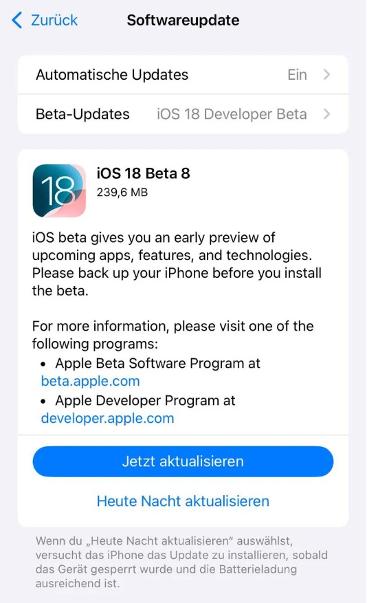 石峰苹果手机维修分享苹果 iOS / iPadOS 18 开发者预览版 Beta 8 发布 